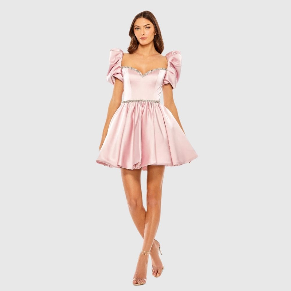 $498 Size 4 Ieena for Mac Duggal Pink Beaded Top Puff Sleeve Dress